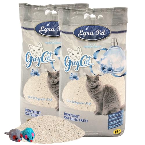 Lyra Pet® | 30 Liter Grey Cat Katzenstreu + 2 Spielmäuse | Mit Aktivkohle | Mit Babypuder Duft | Feines Klumpstreu | 350% Saugkraft | Naturprodukt aus Bentonit | Neutralisiert Gerüche | Staubarm von Lyra Pet