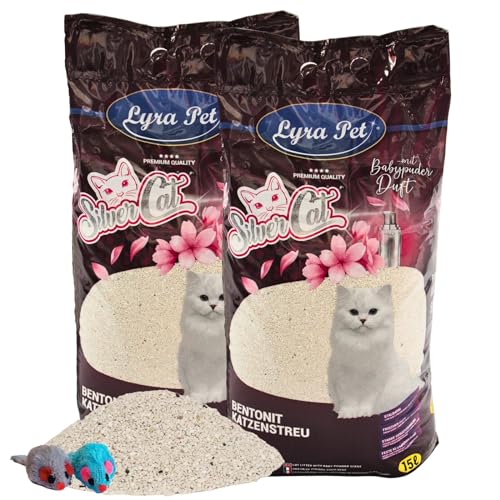 Lyra Pet® | 30 Liter Silver Cat Katzenstreu mit Aktivkohle + 2 Spielmäuse | Duftet nach Babypuder | Feuchtigkeit wird Absorbiert | Naturprodukt aus Bentonit | Sparsam durch Klümpchenbildung | Staubarm von Lyra Pet