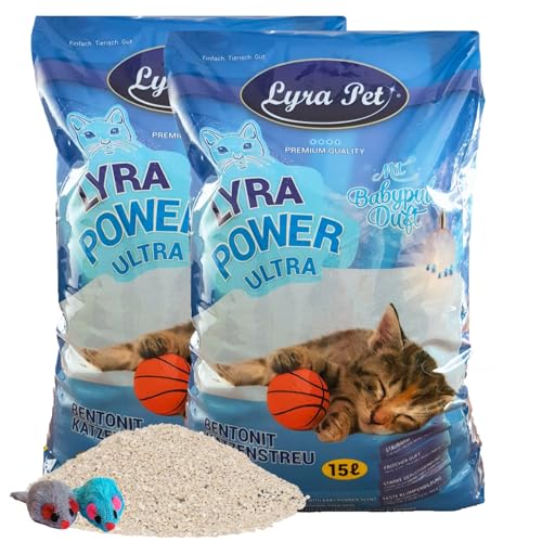 Lyra Pet® | 30 Liter Lyra Power Ultra Excellent Katzenstreu + 2 Spielmäuse | Mit Babypuder Duft | Klumpstreu | 350% Saugkraft | Naturprodukt aus Bentonit | Saubere Wohnung | Neutralisiert Gerüche von Lyra Pet