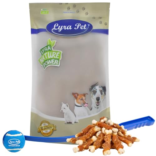 Lyra Pet® 5 kg Calciumknochen mit Hühnerbruststreifen Hundefutter Snack fettarm schonend getrocknet getrocknet Leckerli Kausnack Kauartikel für Hunde Kauspaß + Ballschleuder von Lyra Pet
