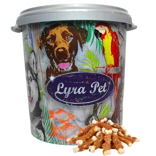 Lyra Pet® 5 kg Calciumknochen mit Hühnerbruststreifen Hundefutter Snack fettarm schonend getrocknet getrocknet Leckerli Kausnack Kauartikel für Hunde Kauspaß in 30 L Tonne von Lyra Pet