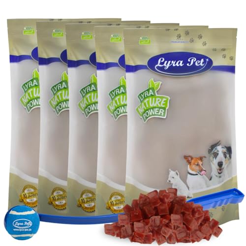 Lyra Pet® 5 kg Entenbrustwürfel Kausnack Hundefutter fettarm schonend getrocknet Leckerli Hund Ente Kauartikel Hund Entenbrust Streifen Kauspaß + Ballschleuder von Lyra Pet