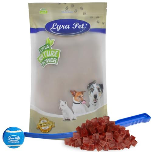 Lyra Pet® 5 kg Entenbrustwürfel Kausnack Hundefutter fettarm schonend getrocknet Leckerli Hund Ente Kauartikel Hund Entenbrust Streifen Kauspaß + Ballschleuder von Lyra Pet