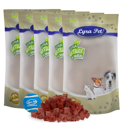 Lyra Pet® 5 kg Entenbrustwürfel Kausnack Hundefutter fettarm schonend getrocknet Leckerli Hund Ente Kauartikel Hund Entenbrust Streifen Kauspaß + Tennis Ball von Lyra Pet