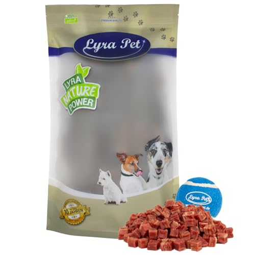 Lyra Pet® 5 kg Entenfleischwürfel mit Fisch Hundefutter Snack fettarm schonend getrocknet Leckerli Kausnack Kauartikel für Hunde Kauspaß + Tennis Ball von Lyra Pet
