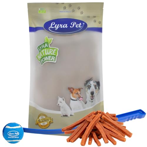 Lyra Pet® 5 kg Hühnerbruststreifen Hundefutter Snack fettarm schonend getrocknet Kauartikel Kauspaß + Ballschleuder von Lyra Pet