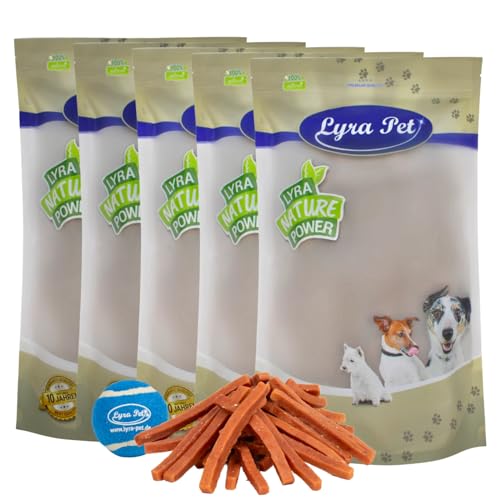 Lyra Pet® 5 kg Hühnerbruststreifen Hundefutter Snack fettarm schonend getrocknet Kauartikel Kauspaß + Tennis Ball von Lyra Pet