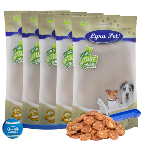 Lyra Pet® 5 kg Hühnerchips Kauchips aus Hühnerfleisch Hundefutter Snack fettarm schonend getrocknet Kauartikel für Hunde Kauspaß + Ballschleuder von Lyra Pet