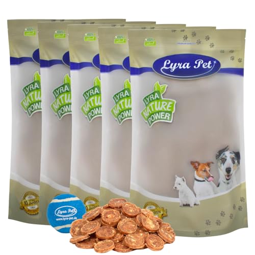 Lyra Pet® 5 kg Hühnerchips Kauchips aus Hühnerfleisch Hundefutter Snack fettarm schonend getrocknet Kauartikel für Hunde Kauspaß + Tennis Ball von Lyra Pet
