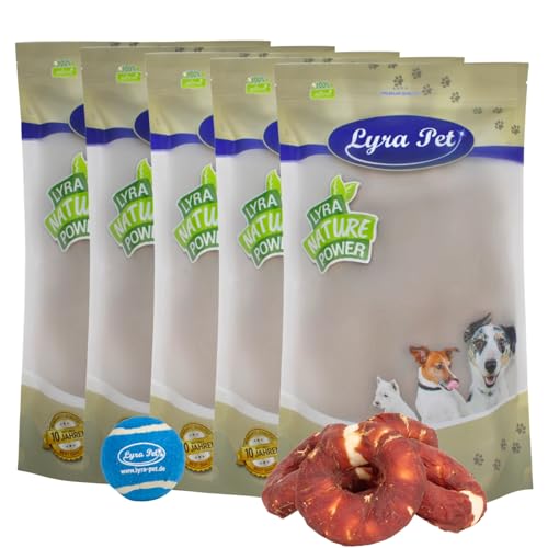 Lyra Pet® 5 kg Kauringe mit Entenbruststreifen Hundefutter Snack fettarm schonend getrocknet getrocknet Leckerli Kausnack Kauartikel für Hunde Kauspaß + Tennis Ball von Lyra Pet
