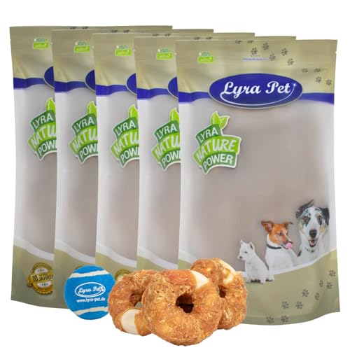 Lyra Pet® 5 kg Kauringe mit Hühnerbruststreifen + Tennis Ball | Fettarmer Kausnack aus Rind & Huhn für Hunde | Langer Kaugenuss | Gut verträgliches Hundefutter | Wiederverschließbarer Beutel von Lyra Pet