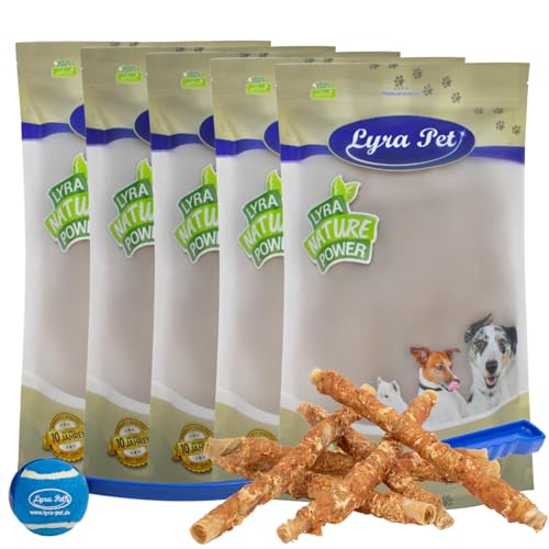 Lyra Pet® 5 kg Kaurollen mit Hühnerbrust ca. 34 cm Hundefutter Snack fettarm schonend getrocknet getrocknet Leckerli Kausnack Kauartikel für Hunde Kauspaß + Ballschleuder von Lyra Pet