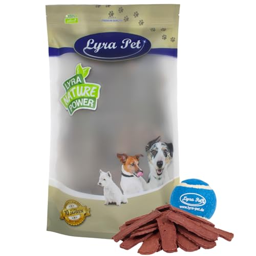 Lyra Pet® 5 kg Pferdefleischstreifen Hundefutter Snack fettarm schonend getrocknet getrocknet Leckerli Kausnack Kauartikel für Hunde Kauspaß + Tennis Ball von Lyra Pet