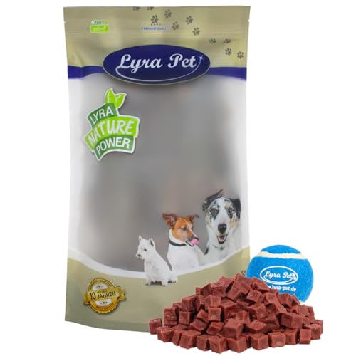Lyra Pet® 5 kg Pferdefleischwürfel Hundefutter Snack fettarm schonend getrocknet getrocknet Leckerli Kausnack Kauartikel für Hunde Kauspaß + Tennis Ball von Lyra Pet