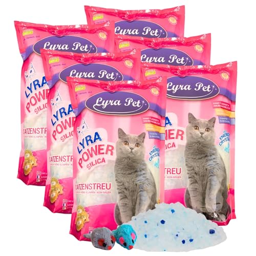 Lyra Pet® | 6 x 5 L = 30 L Lyra Power Silica Silikat Katzenstreu + 2 Spielmäuse |100% Kieselgel | Keine Klumpenbildung | Neutralisiert den Geruch | Staubfrei & Unparfümiert | Hygienisch & Saugstark von Lyra Pet