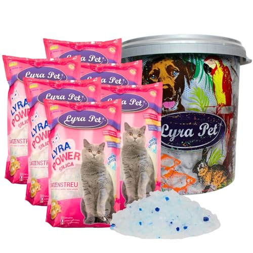 Lyra Pet® | 6 x 5 L = 30 L Lyra Power Silica Silikat Katzenstreu + 30 L Tonne | 100% Kieselgel | Keine Klumpenbildung | Neutralisiert den Geruch | Staubfrei & Unparfümiert | Hygienisch Saugstark von Lyra Pet