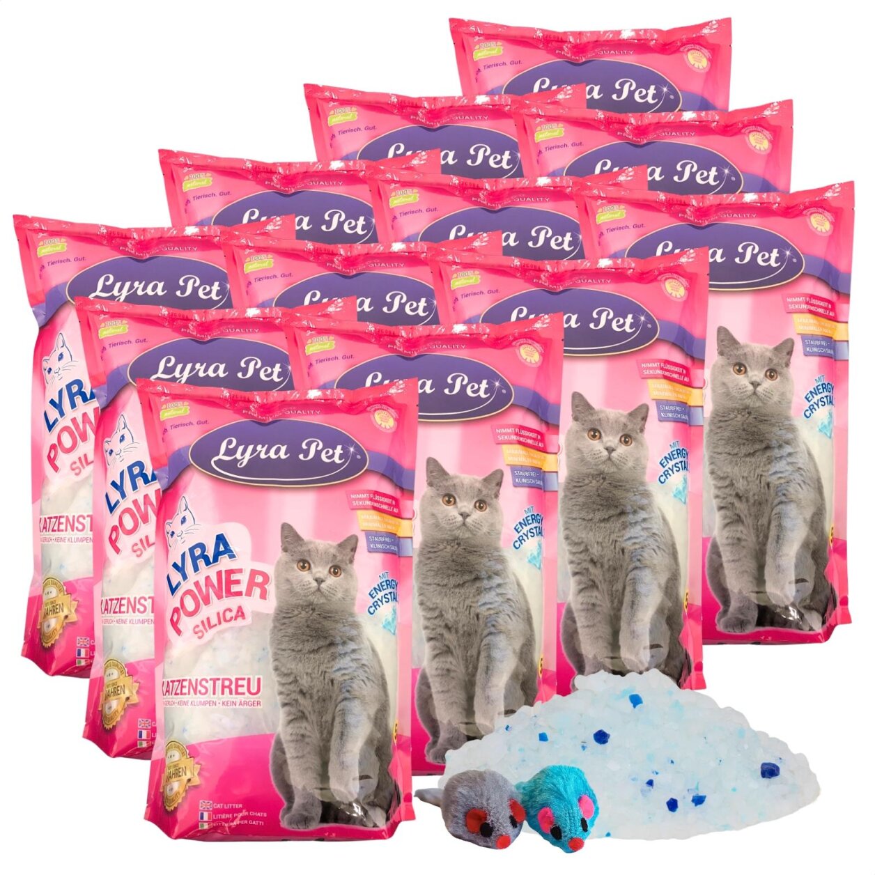 12 x 5 Liter Lyra Pet® Lyra Power® Silica Silikat Katzenstreu + 2 Mäuse von Lyra Power