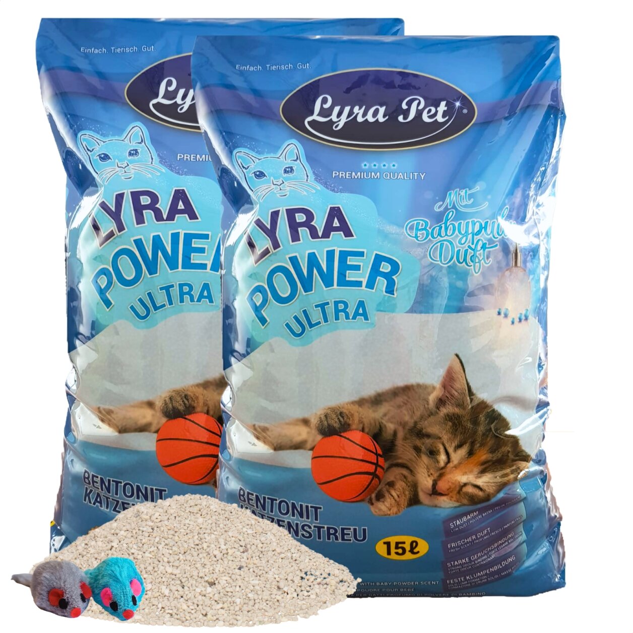 2 x 15 Liter Lyra Pet® Lyra Power® ULTRA excellent Katzenstreu Bentonit + 2 Mäuse von Lyra Power