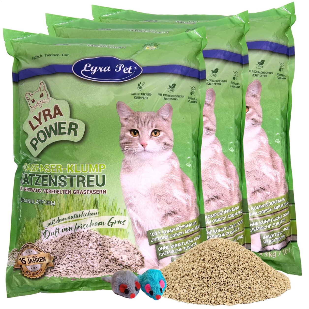3 x 10 Liter Lyra Pet® Lyra Power Grasfaser Katzenstreu klumpend + 2 Mäuse von Lyra Power