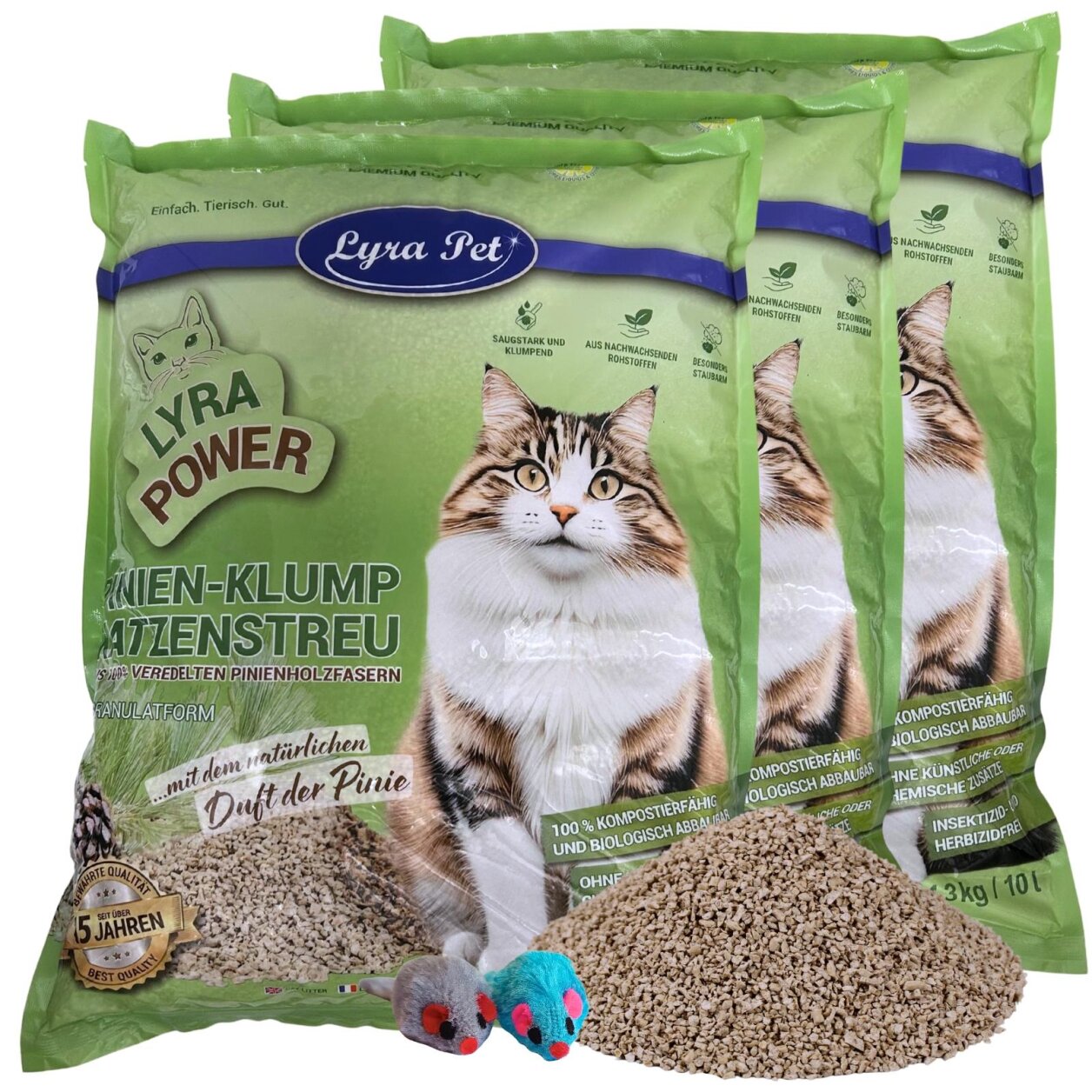 3 x 10 Liter Lyra Pet® Lyra Power Pinien Katzenstreu klumpend + 2 Mäuse von Lyra Power