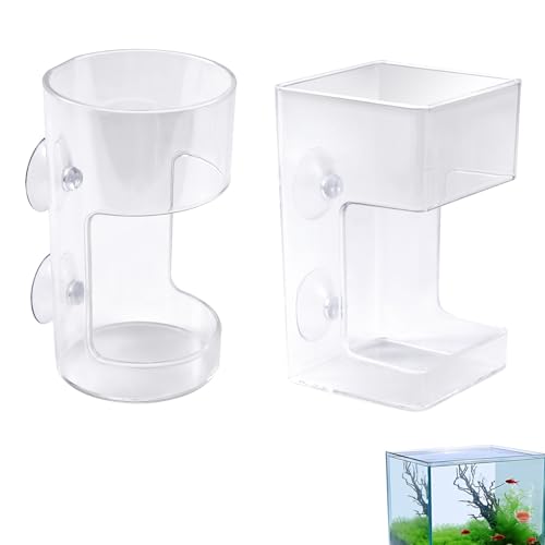 Lyreh 2stk Futterschale mit Saugnapf, Transparente Runde und Quadratische Futterbox Kunststoff mit 4 Saugnäpfen Praktisches Zubehör für Aquarien Aquarien von Lyreh