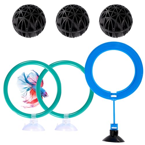 Lyreh 8stk Teiliges Betta Aquarium Set, Batta-Übungsringe Bereicherungsspielzeug Filter-Bio-Bälle Schwimmender Futterring Fische mit Starkem Saugnapf Praktisches Zubehör für Aquarium von Lyreh