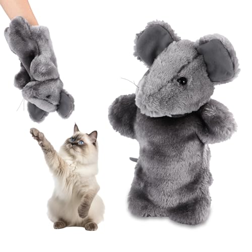 Lyreh Katzen-Ringspielzeug Puppenhandschuh, Mausform Interaktives Katzenspielzeug mit Schutzpolster Plüschtier Handpuppe für Haustiere Kätzchen Sicheres Spielen im Innenbereich Geschenke (Grau) von Lyreh