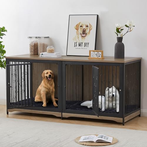 Lyromix Hundekäfig-Möbel für 2 Hunde, Holz-Doppel-Hundebox für große Rassen mit Tür, XXL Indoor-Hundehütte, TV-Ständer, Beistelltisch mit Trennwand für große, mittelgroße Hunde, Grau von Lyromix