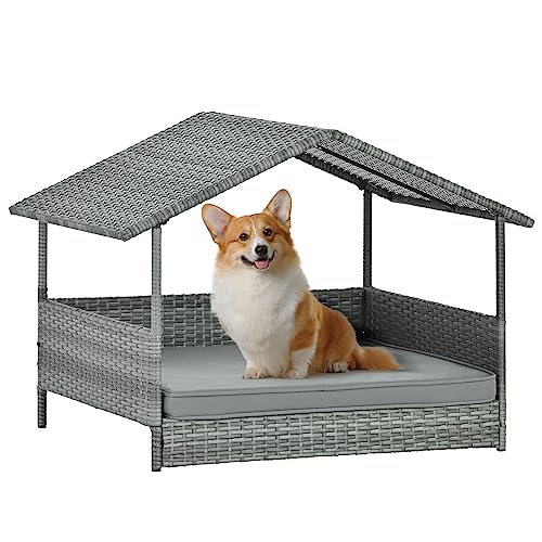 Lyromix Weiden-Hundehütte mit Baldachin, erhöhtes Rattan-Hundebett mit wasserabweisendem, weichem Kissen, großer erhöhter Unterschlupf für kleine, mittelgroße Hunde, Grau Lyromix Weiden-Hundehütte mit Baldachin, erhöhtes Rattan-Hundebett mit wasserabweisendem, weichem Kissen, großer erhöhter Unterschlupf für kleine, mittelgroße Hunde, Grau von Lyromix