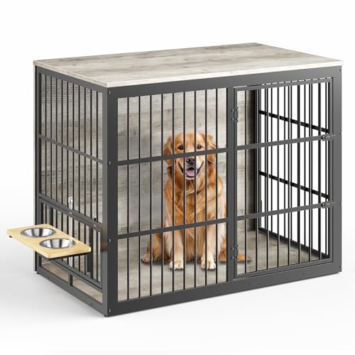 Lyromix XXL Hundekäfig-Möbel mit drehbarem Futterspender, großer Beistelltisch aus Holz, robuster Hundehüttenkäfig für mittelgroße bis große Hunde, 122 cm, Grau von Lyromix