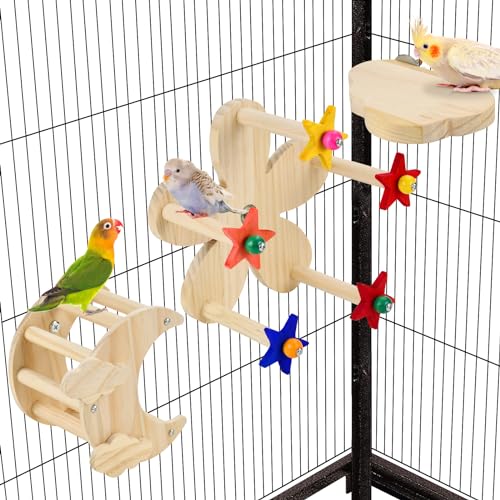 LyssKMK Bird Natrual Holz-Sitzstangen-Set, Blumenform, drehbar, Meniskusform, handgefertigt, Papageienholz-Sitzstange, Wolkenform, interaktives Käfigspielzeug für Vögel (3 Stück) von LyssKMK