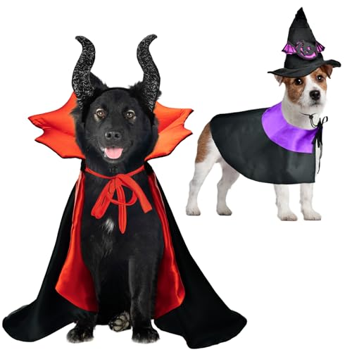 LyssKMK Halloween-Hundekostüm, Vampir-Hexenumhang mit rotem Halsband, Teufelshorn, Stirnband, Hunde-Zauberer-Umhang mit violettem Halsband, für mittelgroße und große Hunde, 4er-Pack von LyssKMK