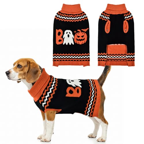 LyssKMK Halloween-Pullover für Hunde, gestreift, niedliches Kürbis-Geistermuster, Haustier-Strickwaren, Kleidung, Festival, Boo-Buchstaben, Outfits, Halloween-Kostüm für kleine, mittelgroße und große LyssKMK Halloween-Pullover für Hunde, gestreift, niedliches Kürbis-Geistermuster, Haustier-Strickwaren, Kleidung, Festival, Boo-Buchstaben, Outfits, Halloween-Kostüm für kleine, mittelgroße und große von LyssKMK