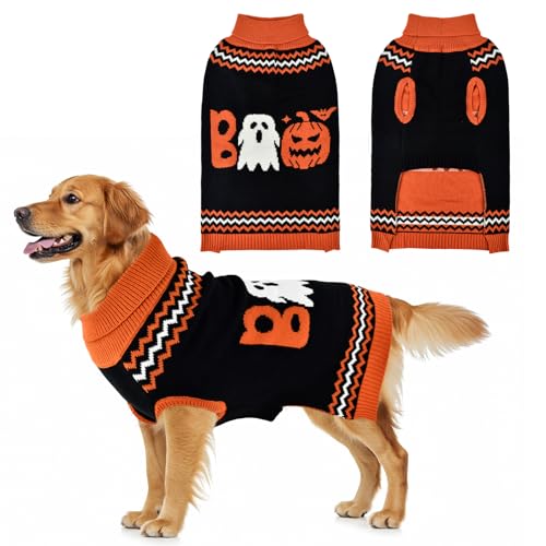 LyssKMK Halloween-Pullover für Hunde, gestreift, niedliches Kürbis-Geistermuster, Haustier-Strickwaren, Kleidung, Festival, Boo-Buchstaben, Outfits, Halloween-Kostüm für kleine, mittelgroße und große von LyssKMK