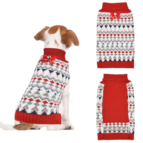 LyssKMK Hunde-Argyle-Weihnachtspullover, Welpenrollkragen, Strickwaren mit roter Schleife, Outfits, kaltes Wetter, warme Kleidung, Pullover für kleine Hunde, Größe L von LyssKMK