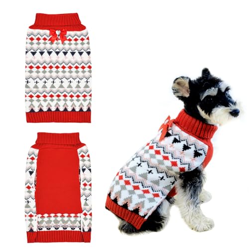 LyssKMK Hunde-Argyle-Weihnachtspullover, Welpenrollkragen, Strickwaren mit roter Schleife, Outfits für kaltes Wetter, warme Kleidung, Pullover für kleine Hunde, Größe S von LyssKMK