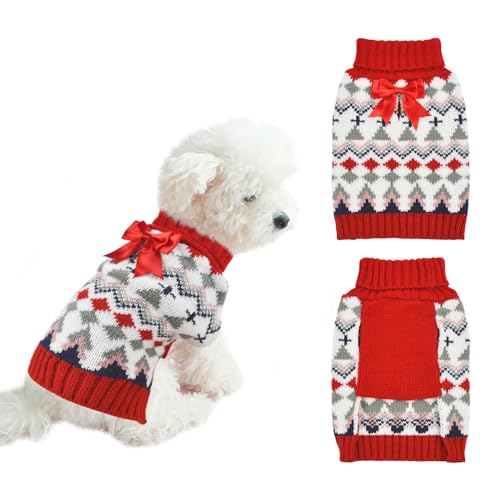 LyssKMK Hunde-Argyle-Weihnachtspullover Welpen-Rollkragen-Strickwaren mit roter Schleife, Outfits, kaltes Wetter, warme Kleidung, Pullover für kleine Hunde, Größe XS von LyssKMK