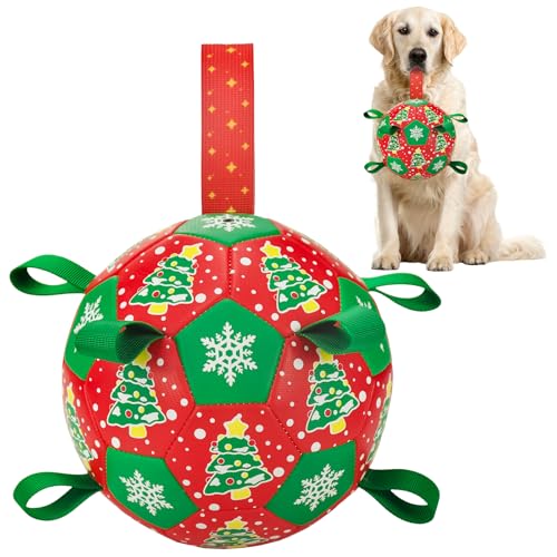 LyssKMK Hunde-Fußballspielzeug mit Riemen, interaktives Hundespielzeug zum Tauziehen, Hundespielzeug mit Weihnachtsbaum, Schneeblumenmuster für mittelgroße und große Hunde (Nummer 3) von LyssKMK