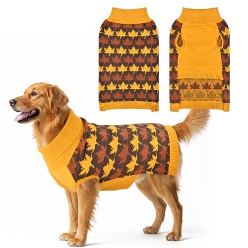 LyssKMK Hundepullover für Thanksgiving, gelb-braunes Ahornmuster, Haustier-Strickwaren, Kleidung, Herbst-Kostüm, kaltes Wetter, Outfits für kleine, mittelgroße und große Hunde, Größe 3XL von LyssKMK