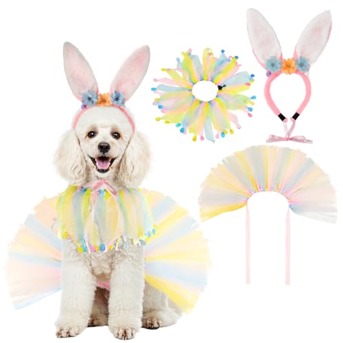 LyssKMK Oster-Hundekostüm-Set, Hundewelpe, Kaninchenohren, Kopfbedeckung mit Blumen und Ei, Osterhalsband mit Osterei-Charm, Haustier-Tutu-Rock, Oster-Outfits für Hunde LyssKMK Oster-Hundekostüm-Set, Hundewelpe, Kaninchenohren, Kopfbedeckung mit Blumen und Ei, Osterhalsband mit Osterei-Charm, Haustier-Tutu-Rock, Oster-Outfits für Hunde von LyssKMK