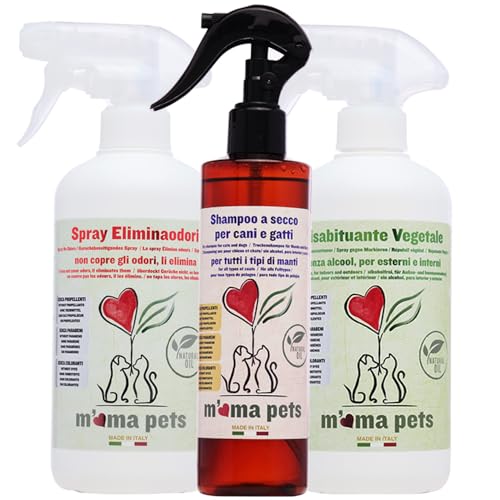 M' MA PETS Set Pflanzliches Abwehrmittel, Geruchsentferner-Spray und Trockenshampoo für Hunde und Katzen 2x500 ml + 1x250 ml - 1250 ml, Bernstein von M' MA PETS