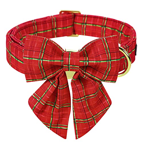 MACA Bates Weihnachts-Hundehalsband mit Fliege und Blumenband, Hundehalstuch für kleine, Elch-Weihnachtsbaum-Winter-Hundehalsband mit verstellbarer Metallschnalle (L, rotes Gitter) von M MACA BATES
