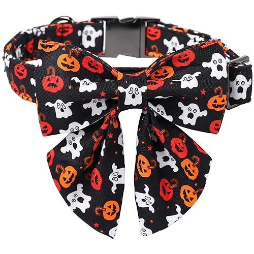 Maca Bates Halloween Halsbänder für Hunde Baumwolle Weich Kürbis Hundehalsband mit Metallschnalle Hundehalsband mit Schleife Verstellbar für Kleine Mittlere Große Hunde von M MACA BATES