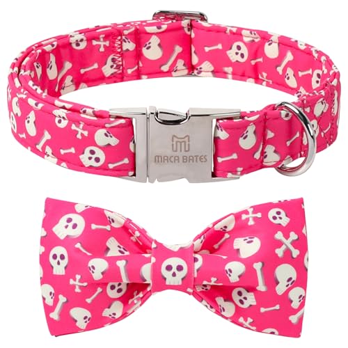 Maca Bates Halloween-Hundehalsband mit Totenkopf-Fliege für extra große Mädchen und Jungen, rosa Knochenmuster, Welpenhalsbänder mit Fliege, verstellbar, weicher Abreißverschluss für weibliche und von M MACA BATES