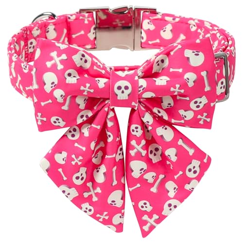 Maca Bates Halloween-Hundehalsband mit Totenkopf-Fliege für kleine Mädchen und Jungen, rosa Knochenmuster, Welpenhalsbänder mit Fliege, verstellbar, weicher Abreißverschluss für weibliche und von M MACA BATES