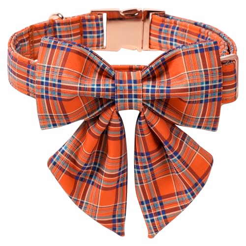 Maca Bates Herbst-kariertes Hundehalsband mit Matrosen-Fliege für extra große Mädchen, Jungen, Herbst-Vichy-Muster, blau-orange, Welpen-Halsbänder mit Fliege, verstellbar, weich, langlebig, für Maca Bates Herbst-kariertes Hundehalsband mit Matrosen-Fliege für extra große Mädchen, Jungen, Herbst-Vichy-Muster, blau-orange, Welpen-Halsbänder mit Fliege, verstellbar, weich, langlebig, für von M MACA BATES