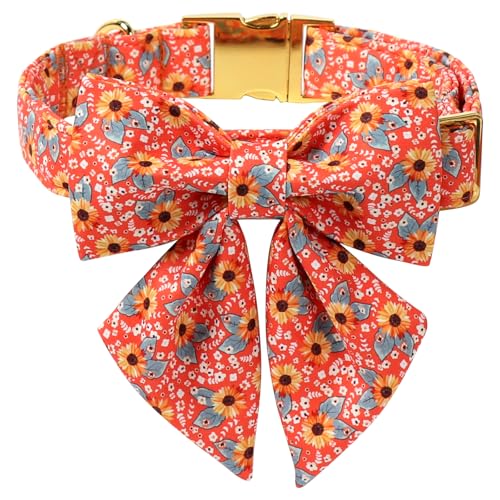 Maca Bates Hundehalsband mit Sonnenblumen-Fliege für kleine Mädchen, Jungen, Herbst, Orange, Baumwolle, Blume, Welpenhalsband mit Fliege, verstellbar, weich, langlebig, für männliche und weibliche von M MACA BATES