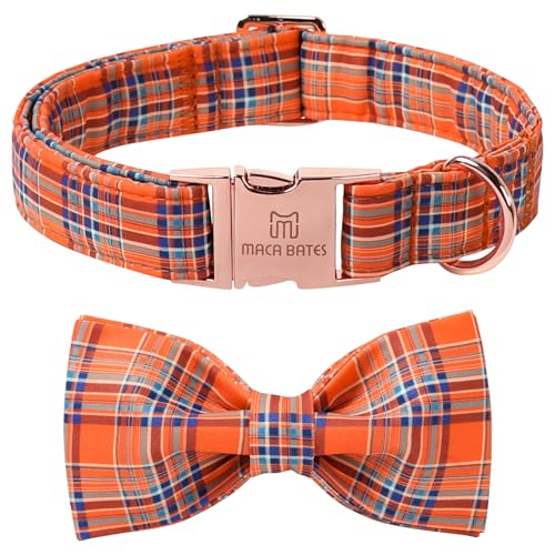 Maca Bates kariertes Hundehalsband mit ausgefallener Fliege für extra kleine Mädchen, Jungen, Herbst-Vichy-Muster, blau-orange, Welpen-Halsband mit Fliege, verstellbar, weich, langlebig, für männliche von M MACA BATES