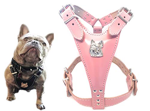 M&D Schönes Baby Pink Leder Hundegeschirr Gr. M mit Französische Bulldogge Kopf Motiv nur für ausgewachsene Französische Bulldogge von M&D