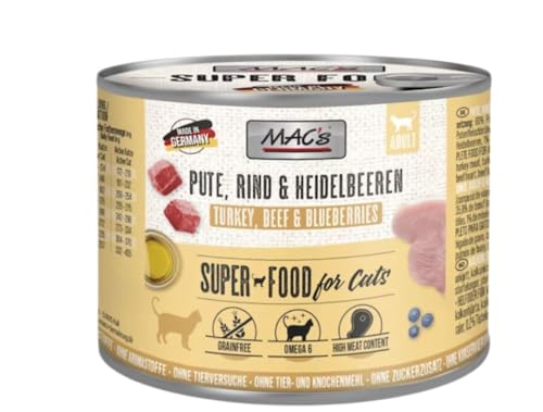 Mac's Katzenfutter Pute, Rind & Heidelbeere, Nassfutter Dosen 6x200g, getreidefrei von MAC's